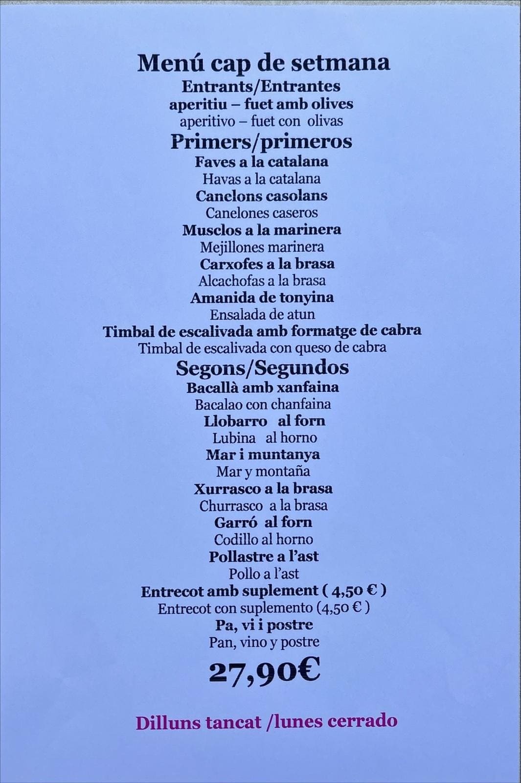 Menú Cap de Setmana